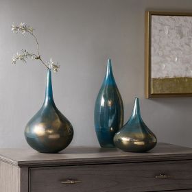 3 Madison Park Aurora Blue and Bronze Decorative Glass Vases