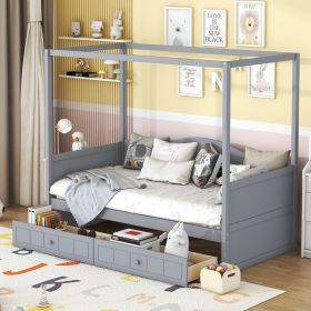 Wooden Canopy Bed Twin Size with 2 Drawers, Gray