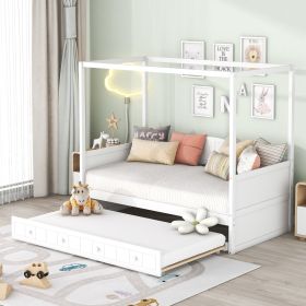 Twin Size Canopy Daybed with twin size Trundle, White