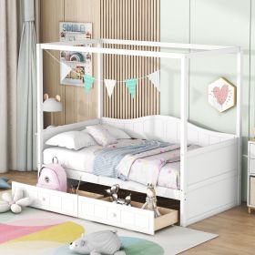 Wooden Canopy Bed, Twin Size with 2 Drawers, White