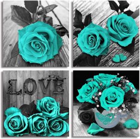 4 Rose Giclee Canvas Artwork in Teal, Black & White 12 x12 Inch