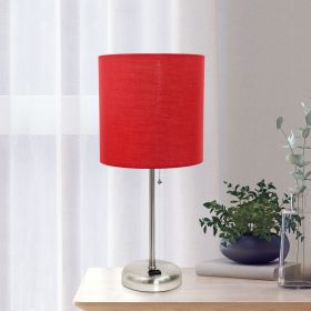 Oslo 19.5" Contemporary Bedside Power Outlet Base Standard Metal Table Desk Lamp in Brushed Steel with Red Drum Fabric Shade for Home Décor, Bedroom,