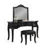 Contemporary Black Color Vanity Set w Stool Retro Style Drawers cabriole-tapered legs Mirror w floral crown molding Bedroom Furniture