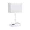 Modern Rectangular Multi-Use 1 Light Desk Lamp with 2 USB Ports and Charging Outlet with White Fabric Shade, White