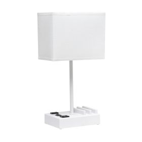 Modern Rectangular Multi-Use 1 Light Desk Lamp with 2 USB Ports and Charging Outlet with White Fabric Shade, White