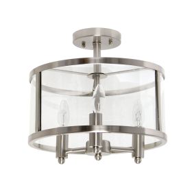 3-Light 13" Industrial Farmhouse Glass and Metallic Accented Semi-flushmount, Brushed Nickel