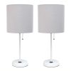 White Stick Lamp with Charging Outlet and Fabric Shade 2 Pack Set, Gray