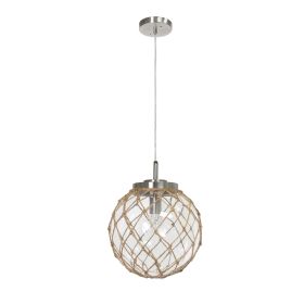 Buoy Netted Brushed Nickel Coastal Ocean Sea Glass Ceiling Light Pendant with Natural Rope, Clear