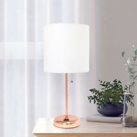 Oslo 19.5" Contemporary Bedside Power Outlet Base Standard Metal Table Desk Lamp in Rose Gold with White Drum Fabric Shade for Home Décor, Bedroom, En