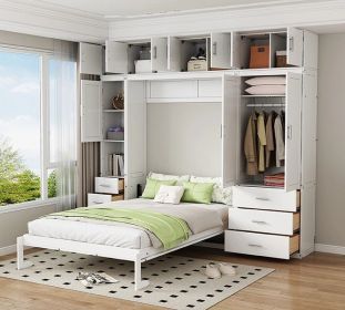 Full Size Murphy Bed with Lockers and Wardrobes, White