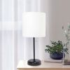 Oslo 19.5" Contemporary Bedside Power Outlet Base Standard Metal Table Desk Lamp in Black with White Drum Fabric Shade for Home Décor, Bedroom, End Ta