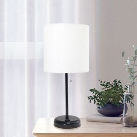 Oslo 19.5" Contemporary Bedside Power Outlet Base Standard Metal Table Desk Lamp in Black with White Drum Fabric Shade for Home Décor, Bedroom, End Ta