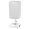 Petite White Stick Lamp with USB Charging Port and Fabric Shade, White