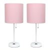 White Stick Lamp with Charging Outlet and Fabric Shade 2 Pack Set, Pink