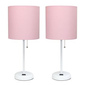 White Stick Lamp with Charging Outlet and Fabric Shade 2 Pack Set, Pink