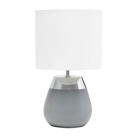 Modern Contemporary Two Toned Metallic Chrome and Gray Metal 4 Settings Touch Desk Lamp with White Fabric Drum Shade