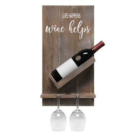 Lucca Wall Mounted Wooden “Life Happens Wine Helps” Wine Bottle Shelf with Glass Holder, Restored Wood