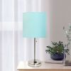 Oslo 19.5" Contemporary Bedside Power Outlet Base Standard Metal Table Desk Lamp in Brushed Steel with Aqua Drum Fabric Shade for Home Décor, Bedroom,