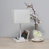 Modern Rectangular Multi-Use 1 Light Desk Lamp with 2 USB Ports and Charging Outlet with White Fabric Shade, White