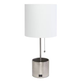 Hammered Metal Organizer Table Lamp with USB charging port and Fabric Shade, Brushed Nickel