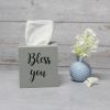 Decor Farmhouse Gray Wooden Decorative Tissue Box Cover with "Bless you" Script in White and Sliding Base for Vanity, Bathroom, Bedroom, Livingroom