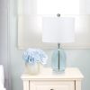 Oval Glass Table Lamp with White Drum Shade, Clear Blue