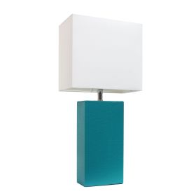 Modern Leather Table Lamp with White Fabric Shade, Teal