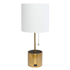 Hammered Metal Organizer Table Lamp with USB charging port and Fabric Shade, Gold