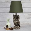 Contemporary Polyresin Gazing Brown and White Night Owl Novelty Lamp with Green Tapered Drum Fabric Shade