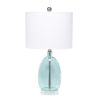 Oval Glass Table Lamp with White Drum Shade, Clear Blue