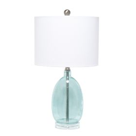 Oval Glass Table Lamp with White Drum Shade, Clear Blue