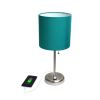 Oslo 19.5" Contemporary Bedside USB Port Feature Standard Metal Table Desk Lamp in Brushed Steel with Teal Drum Fabric Shade for Home Décor, Bedroom,