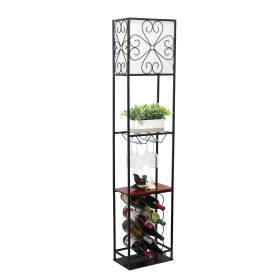 Etagere Organizer Wood Accented Wine Rack Floor Lamp, Black