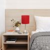 Oslo 19.5" Contemporary Bedside Power Outlet Base Standard Metal Table Desk Lamp in Brushed Steel with Red Drum Fabric Shade for Home Décor, Bedroom,