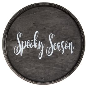 Decorative 13.75" Round Wood Serving Tray w/ Handles, "Spooky Season"