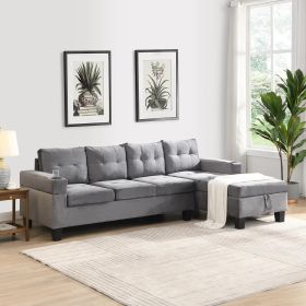 Modern L-Shaped Sectional Sofa Set with Storage Chaise and Cup Holder (Grey)