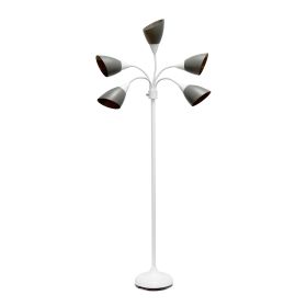 5 Light Adjustable Gooseneck Floor Lamp, Black Shades, White