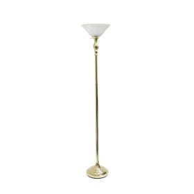 Classic 1 Light Torchiere Floor Lamp with Marbleized Glass Shade, Gold