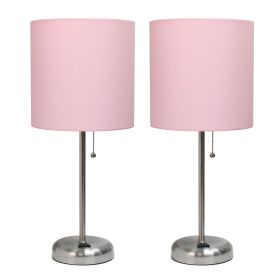 Brushed Steel Stick Lamp with Charging Outlet and Fabric Shade 2 Pack Set, Light Pink