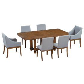 Modern Rustic 7 Piece Dining Table Set with Leaf and 6 Chairs, Brown