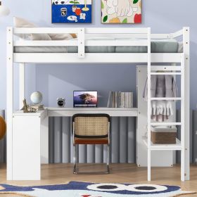 Twin Size Loft Bed with L-Desk, Wardrobe and Shelves, White