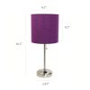 Brushed Steel Stick Lamp with Charging Outlet and Fabric Shade 2 Pack Set, Purple