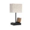 Modern Rectangular Multi-Use 1 Light Desk Lamp with 2 USB Ports and Charging Outlet with Beige Fabric Shade, Black