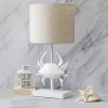 Shoreside Coastal White and Polyresin Pinching Crab Shaped Desk Lamp with Light Beige Fabric Drum Shade