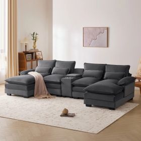 Modern U-shaped Sofa with Console, Cupholders and USB Ports, Charcoal Gray