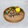 Decorative 13.75" Round Wood Serving Tray w/ Handles, "Bon Appetit"