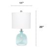 Clear Blue Hammered Glass Jar Table Lamp with White Linen Shade