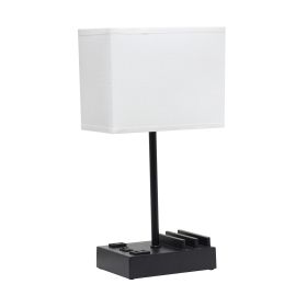 Modern Rectangular Multi-Use 1 Light Desk Lamp with 2 USB Ports and Charging Outlet with White Fabric Shade, Black