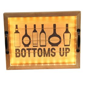 Salento Farmhouse Rectangular Decorative LED Light Up Wooden Serving Tray with Black Metal Handles and "Bottoms Up" in Black Script for Home Décor, Ot