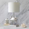 Shoreside Coastal Brushed Nickel and Polyresin Pinching Crab Shaped Desk Lamp with White Fabric Drum Shade